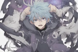 Young anime man with ram horns, fangs, messy purple hair and blue eyes