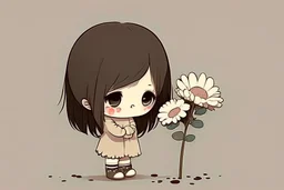 cute sad lonely chibi girl holding a sad flower