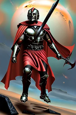 Planet Mars portrayed as a menacing man wearing Roman-like armour, a red cape, and a spartan helmet that covers his face entirely, he is armed with a spear and a spartan shield, his armour is covered with battle marks