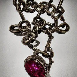 fantasy, digital art, scroll holder, object, bounded by chains, metallic, dark metal, ruby encrustations, massive, engravings