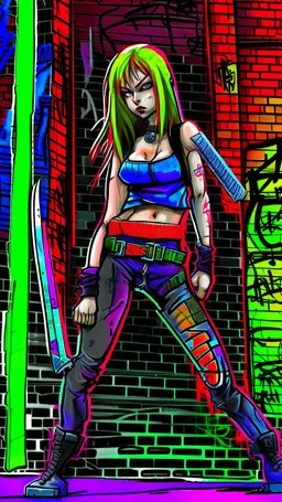 teen woman in retro-futurist cyberpunk costuming with pants and sheathed swords leaning to the side with shoulder against a brick pillar, add a background of brick with graffiti of a large arrow pointing to the right and text of the word "PUB" on lower left