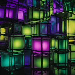 cinematic, abstract geometrical cube backlit bent glass panels and sculptures on a black background, purple green and blue hues. heavy refraction Close up. Bokeh. Macro shot, background blur, abstract, elaborate shapes, neon color grading