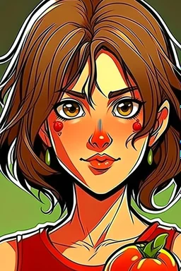 Tomato super Villain girl with dark brown hair and brown eyes in the style of The Boys Comic.