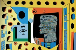 man with head inside a Hole in the wall bank machine in the style of Eileen Agar