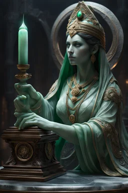 highly detailed marble and jade sculpture of a female necromancer, transparent nail polish, beautiful hands, stunning face, volumetric fog, Hyperrealism, breathtaking, ultra realistic, unreal engine, ultra detailed, cyber background, Hyperrealism, cinematic lighting, highly detailed, breathtaking, stunning environment