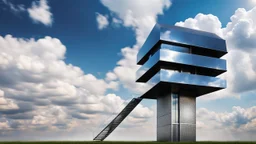 a high photorealistic futuristic unique metal house floats in sky between big clouds, high textures, blue sky, sunshine, Professional photography, bokeh, natural lighting, canon lens, shot on dslr 64 megapixels sharp focus, stunnig