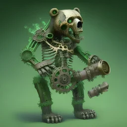 skeleton bear with clockwork body parts with cannon coming from mouth more green and brown