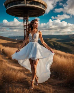 full-body closeup shot of a young, beautiful girl with a perfect face and makeup,wearing pretty dance dress standing in a stage in open air nice hills , blue sky ,pretty clouds at distant