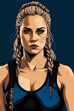 A woman with two blonde braids wearing a black tank top and plate trousers while being muscular, blue eyes, digital art style