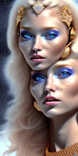 brown eyes, laugh, blonde sophie hennie cute young woman singing at saturns europa moon, golden jewelry, ice cold, winter, magnificent, majestic, highly intricate, incredibly detailed, ultra high resolution, complex 3d render,renaissance painting