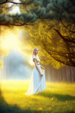 young elf woman, countryside, blonde braids, trees, magic, motif, white dress, cinematic, forrest, happy, 3d art, alfons mucha, photography, smile, nature