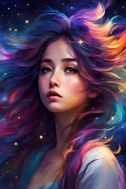 Masterpiece, Best Quality, Digital Painting Style, Imaginary Girl, Dream, Messy Hair, Wind, Night, Stars, Story, Wonderland, Vivid Colors
