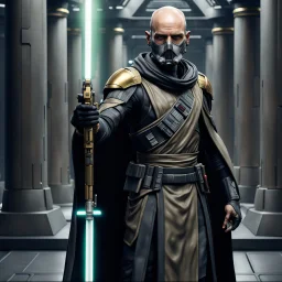 star wars bald male corellian pilot wearing pearlescent black and gunmetal grey First Order special forces heavy assault stealth commando armor and helmet with gold trim inside the jedi temple, hyperdetailed, dynamic lighting, hyperdetailed background, 8k resolution, volumetric lighting, light skin, fully symmetric details