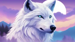 front facing white wolf, glowing eyes, blue and purple gradient sky