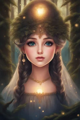 Painting of a beautiful girl, beautiful, haunted forest, pretty face, young girl, fantasy art, anime portrait, barbie face, big eyes, bright eyes, dream, trees, forest background, dark night, song, glitters background, fantasy, high quality, 8k