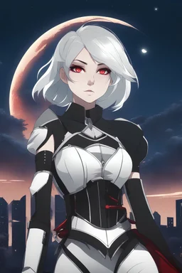 Pale Woman with short white hair, red eyes, scar over eye, silver and white futuristic corset, wearing a skirt and thigh boots, smirking, smug, night sky background, shattered moon from RWBY in sky, RWBY animation style