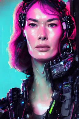 detailed portrait of lena headey as a neon operator girl, cyberpunk futuristic, neon, reflective puffy coat, decorated with traditional japanese by ismail inceoglu dragan bibin hans thoma greg rutkowski alexandros pyromallis nekro rene margitte, illustrated, perfect face, fine details, realistic shaded, fine - face, pretty face