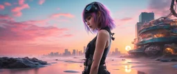 (one) (1) cyberpunk girl with a ferrofluid coffee monster on a radioactive polluted beach of Tokyo; UHD photo, (((photo-realistic))), hyper-realism, extremely detailed, ultra intricate, low wide angle, daylight, amazing reflections, wonderful textures, sharp shadows, vivid hyper-colors of lollipop pink and black