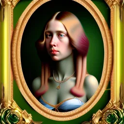 oil Portrait of a pink long haired beautiful busty voluptous adult woman with emeralds necklace with big Green sad eyes looking to viewer by GRANT WOOD Ingres 8k