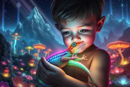 create a hyper-detailed image of a child holding a shimmering rainbow gecko in a surreal fantasy landscape, floating bioluminescent flowers, glowing mushroom trees, crystal mountains in background, ethereal light beams, enchanted color palette, magical realism style --ar 4:5 --v 7 --style raw --q 2 --chaos 30
