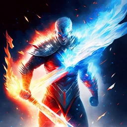 A superhero man with infinite power and technology from the galactic race, with a double-edged sword of fire and ice.