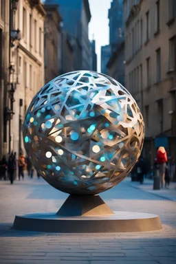 статуя на улице, Шар как атом/молекула: Сделать поверхность шара похожей на модель атома или молекулы, используя геометрические формы, светящиеся элементы или проекцию. . Для этого можно использовать различные геометрические формы, такие как круги, треугольники, шестиугольники и т. д., чтобы создать абстрактное изображение структуры атома или молекулы. Кроме того, возможно использование светящихся элементов, чтобы придать статуе особую магическую атмосферу и привлечь внимание прохожих ночью.