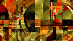 Abstract geometric composition, mixed media graphic design, retro-futuristic aesthetic, distressed canvas texture, split background, mustard yellow and grunge olive green, overlapping translucent squares, textured sun circle, fine architectural drafting lines, red contradiction interlock, glowing red tint, dynamic juxtaposed symbolic (((stick figures made of rusty scrap metal))) walking on a long dark negative space glass passageway like bridge, front view