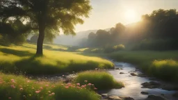 Beautiful realistic rural landscape, warm sunshine, lush plant growth, flowers, human habitation, brook, peaceful, delightful, idyll, award-winning photograph, detail, beautiful composition, attractive colour, chiaroscuro