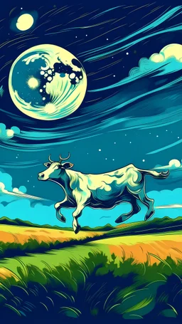 una vaca saltando en la llanura pampeana argentina bajo una luna brillante al estilo de Van Gogh