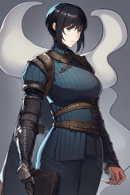 Motoko Kusanagi from "Ghost In The Shell (1995)", clad in medieval stell plate armour, melancholic, alone, big blue eyes, perfect, beautiful, black hair, correct proportions