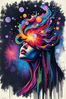 Abstract image inspired by karem beyit style, featuring an abstract fauvism bursting high wave an nebula on her head, droste effect, she against an outerspace. neon rainbow barcode and Qris , fire works and paper works