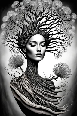 abstract illustration of a fractal inspired driftwood sculpture of a beautiful lady, dark and dry branches, harmony, holding a dandelion, intricately detailed, beautypunk, black and white, closed eyes, etheral, the smell of the hope, Style: isometric