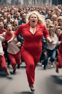 an obese terrified blonde woman in a red pant suit desperately running away from an angry mob of hundreds of people chasing her from far behind