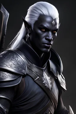 dnd character art of a male drow warrior. high resolution cgi, 4k, ears, dark-charcoal-gray skin, unreal engine 6, high detail, cinematic.