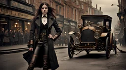 full-height portrait of a pale-faced steampunk woman with straight dark shoulder-length hair, with metal arms and legs, dressed in leather trousers, and a jacket, in a busy Victorian street next to a steam car