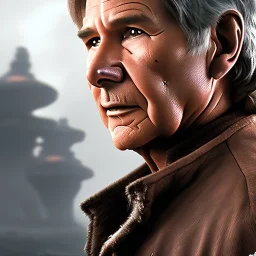 8K space background with stunning photo realistic detailed head to waist portrait of harrison ford as han solo in star wars with photo realistic short hair by Luigi Lucioni, Sharp focus, brown eyes, weathered skin,space jacket from star wars, cinematic lightning