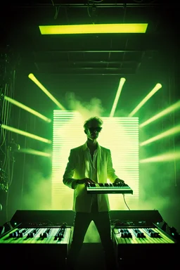 French cool synth player, he is called "Jean-Maurice Brûlée" performing at dance club, his name is "Jean-Maurice Brûlée" , white and yellow Neon lights and yellow smog, and "URANIUM" big sign on the wall, he is playing on synthesizers on stage with lot of laser beams and wearing black sunglasses, an earth is projected in background
