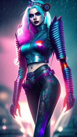 Harley Queen, violent, high delicate defined details, beautiful, atmospheric, rain, matte, 3 d 8 k octane rendered, sharp focus, illustration, holographic undertones, high detail, ultra realistic, highly saturated colors