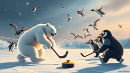 ice bear hitting the hockey puck hard so penguins are flying in all directions, goal
