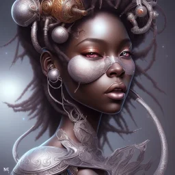 sango fantasy, fantasy magic, intricate, sharp focus, illustration, highly detailed, digital painting, concept art, matte, masterpiece head sexy African beauty black afro hair space lady silver space