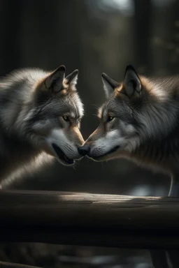 portrait photo of wolves wearing clothes and kissing over a bridge, shot on Hasselblad h6d-400c, zeiss prime lens, bokeh like f/0.8, tilt-shift lens 8k, high detail, smooth render, down-light, unreal engine, prize winning