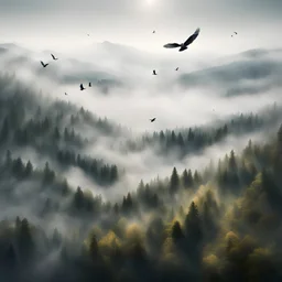 Hyper Realistic areal view of forest on mountains with thick fog with birds flying