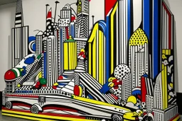 A noisy town made out of toys painted by Roy Lichtenstein