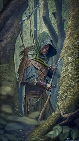 medieval archer, hiding in the woods