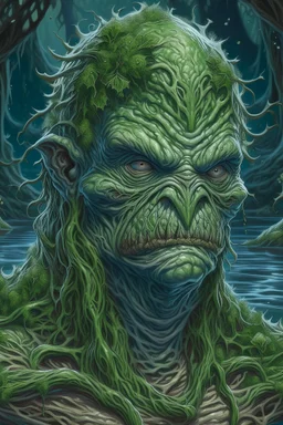 Swamp Thing, hooded character, ominous, facepaint, waist up portrait, intricate, oil on canvas, masterpiece, expert, insanely detailed, 4k resolution, retroanime style, cute big circular reflective eyes, cinematic smooth, intricate detail , soft smooth lighting, soft pastel colors, painted Renaissance stylestyle