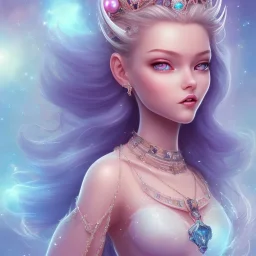 cosmic petit prince belle fine, profil de trois quart, grand front cosmique, peau bleu cristalline, yeux bleu, perle sur le front long cheveux blond et rose etoilé, cristaux sur le corps, collier de grande princesse, levres souriante, très jolie sourire