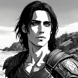 A portrait of Jared Leto in his early 30s, long beachy haircut, black hair, on a rocky island, in ebony armor from Skyrim, melancholic and dangerous facial expression, half-smiling, drawn in the style of ink manga sketch, black and white, sketchy