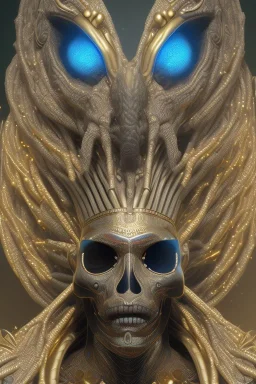 Aztec male African Egyptian alien, cracks in the voodoo head, wicked, eyes, crown, Elephant, 8k, finely detailed, photo realistic, tiger turquoise skull head gold dragon space alien snow skeleton gold hornytoad silver crown silver eyes