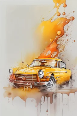 watercolor, zoom, clear, soft, a yellow vintage car, with red interior, graffiti elements, powerful zen composition, dripping technique, & the artist has used bright, clean elegant, with blunt brown border, 4k, detailed –n 9, ink flourishes, liquid fire, white background, zoom in, close-up,