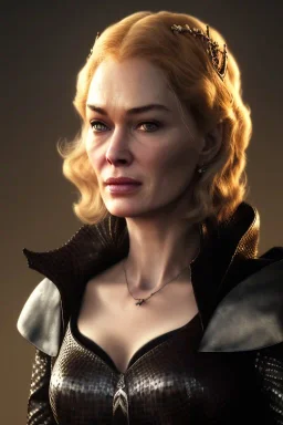 Cersei Lannister as evil queen in black leather, busty, cleavage, curvy, lena headay, angry, stern look. character design by cory loftis, fenghua zhong, ryohei hase, ismail inceoglu and ruan jia. unreal engine 5, artistic lighting, highly detailed, photorealistic, fantasy